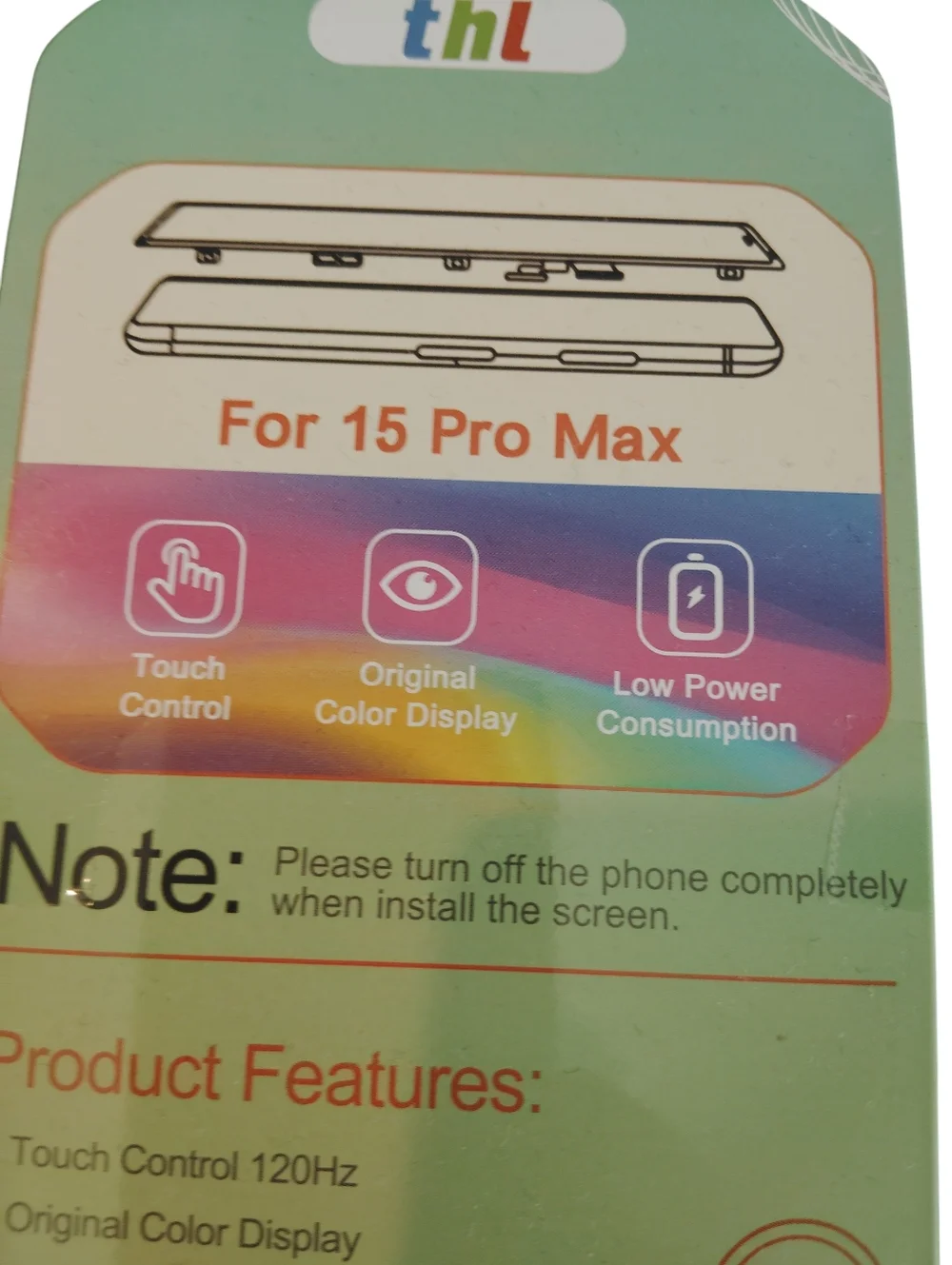 thl Display Module Screen for iPhone 15 Pro Max - Pastel Rainbow NWT